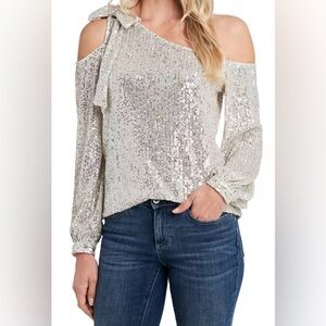 CeCe Sequined One Shoulder Top Women’s Sz S Champagne